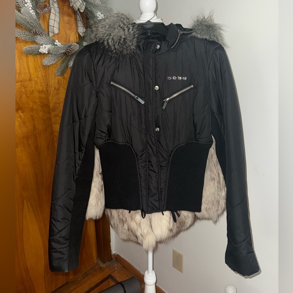 BEBE snatched lace up stretchy elastic puffer bubble cropped jacket - Picture 2 of 6